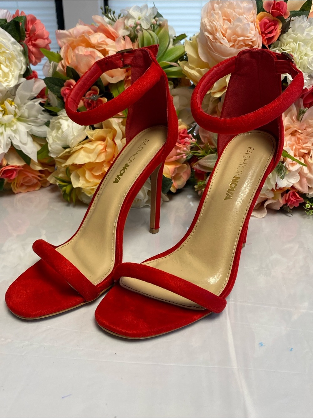Fashion Nova Make You A Believer Heel Red Ankle Strap Stiletto 7
